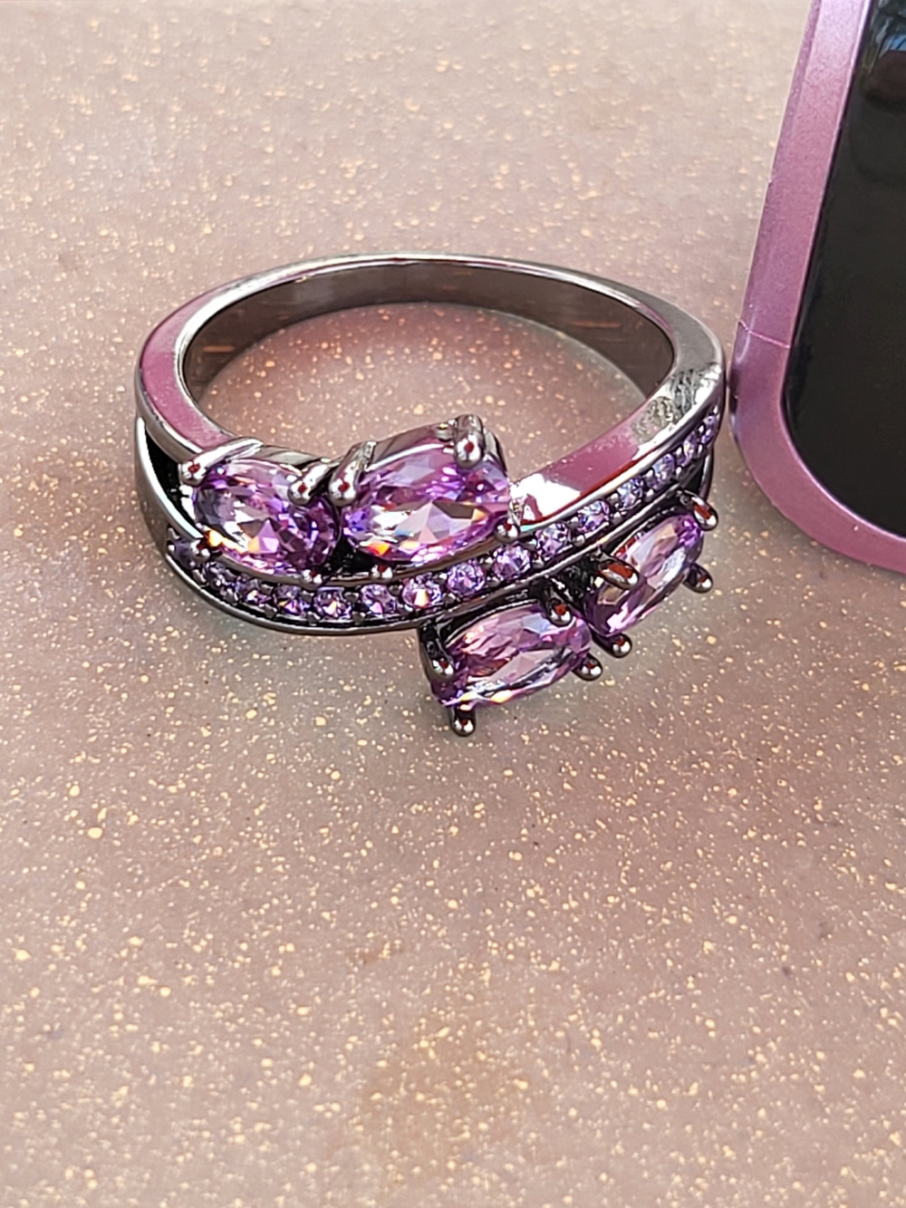 Purple Zirconia Rhinestone Crystal Accent Women's Ring Black Tone Band Size 8